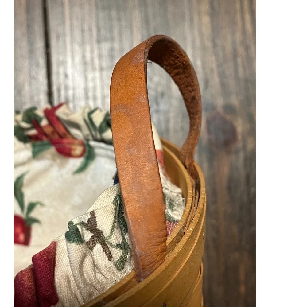 Longaberger Woven Round Basket with Leather Handles and Fruit Pattern Liner